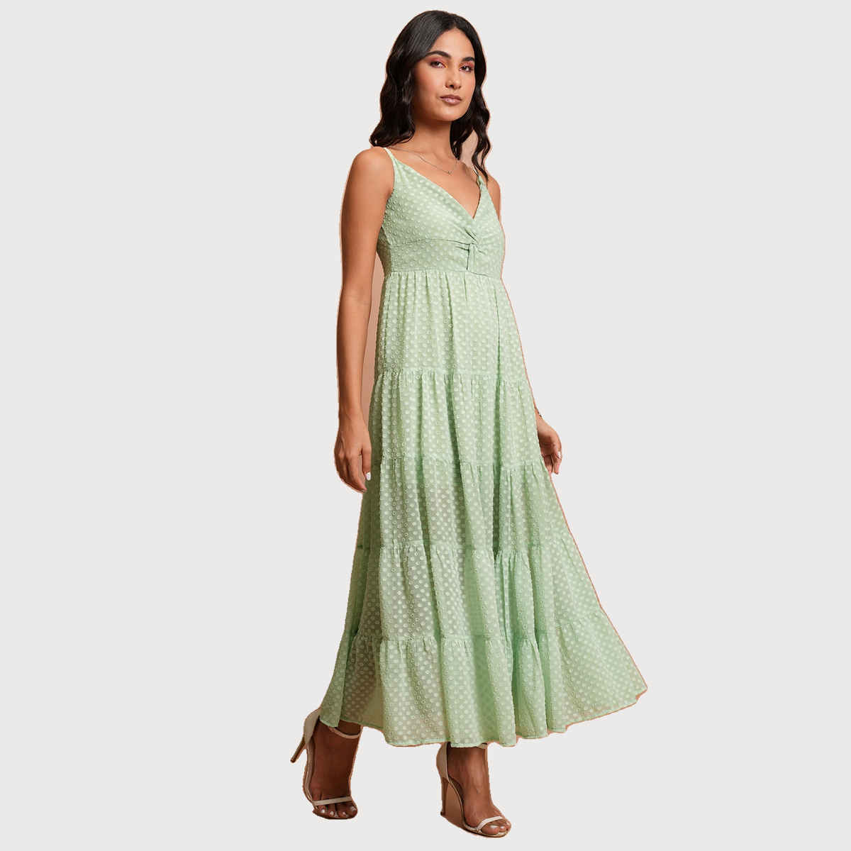 Ketch Women's Self Design Shoulder Strap Fit & Flare Midi Dress | Green | M