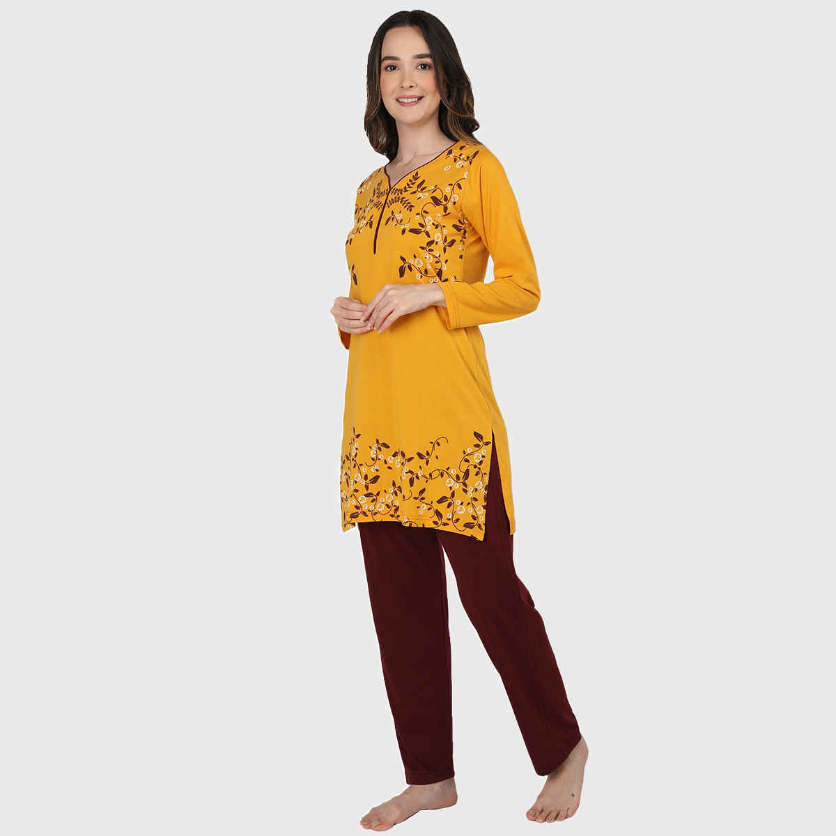 Duchess Women s Cotton Regular Fit Printed & Embroided Long Length Night Suit Set | Mustard - XL
