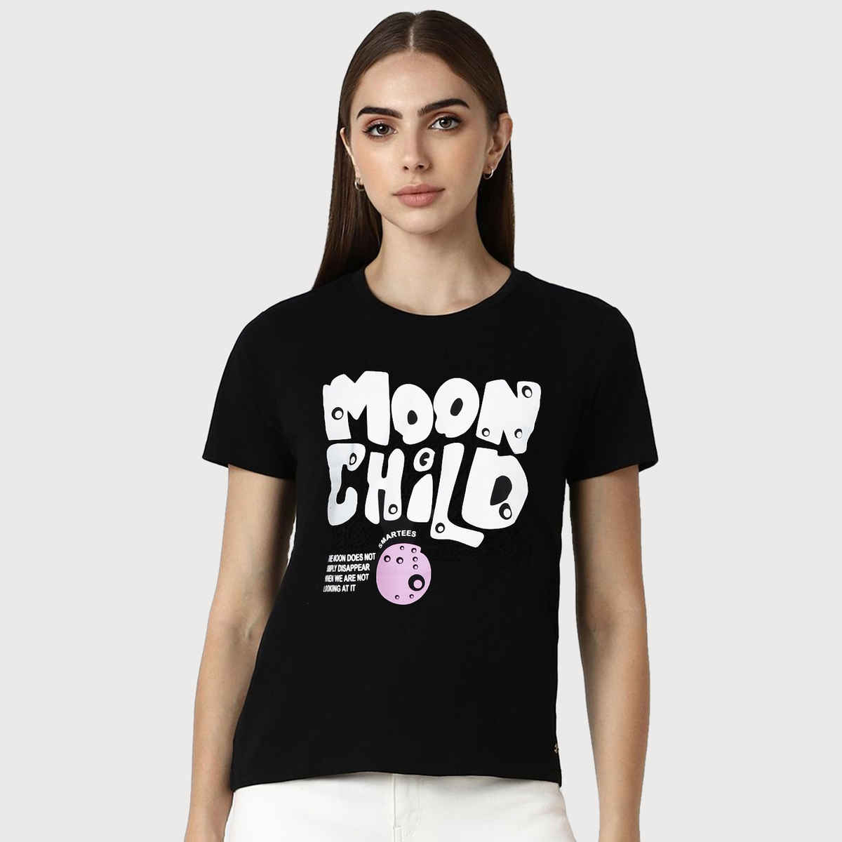 Smartees Women's Regular Fit Printed T-shirt | WW - Moon Child | Black - M