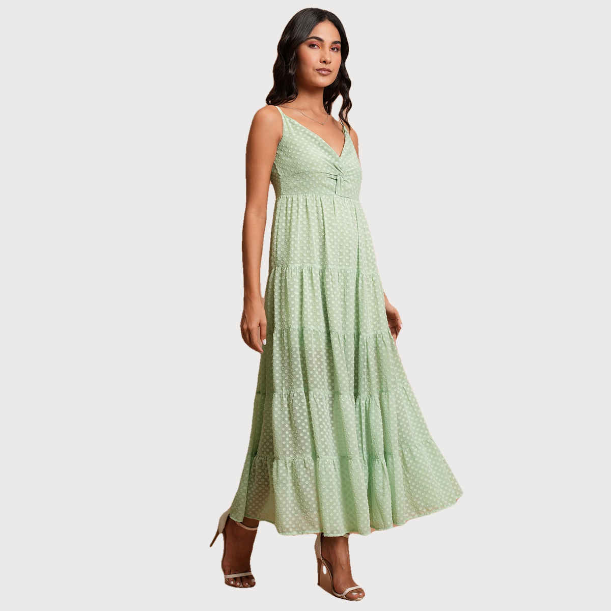 Ketch Women's Self Design Shoulder Strap Fit & Flare Midi Dress | Green | S