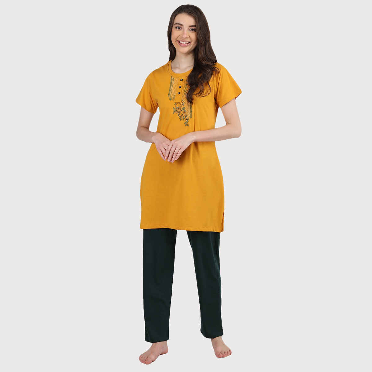 Duchess Women s Cotton Regular Fit Printed-Embroided Long Night Suit Set | Mustard-Olive | 2XL