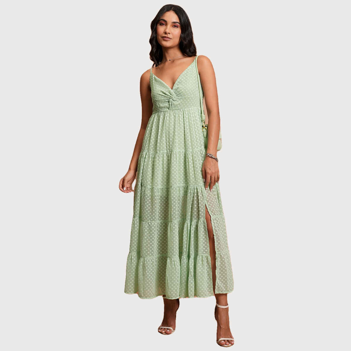 Ketch Women's Self Design Shoulder Strap Fit & Flare Midi Dress | Green | S