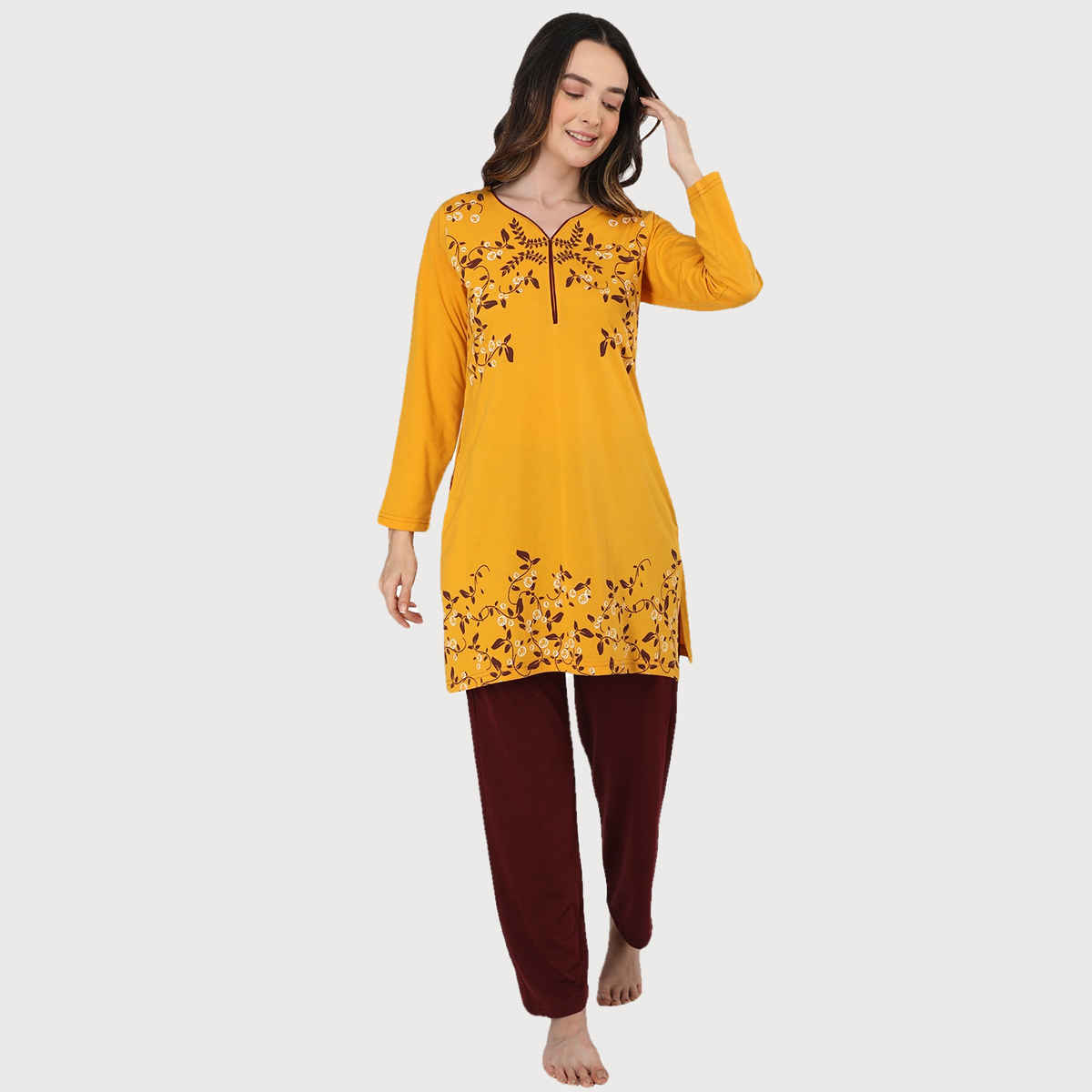 Duchess Women s Cotton Regular Fit Printed & Embroided Long Length Night Suit Set | Mustard - XL