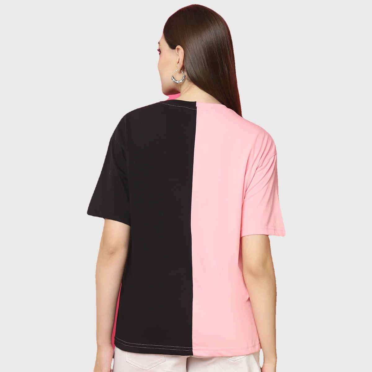 Fabflee Women Oversize Cotton Printed Round Neck Tshirt | Pink::Black | FAB-OS-527 | S
