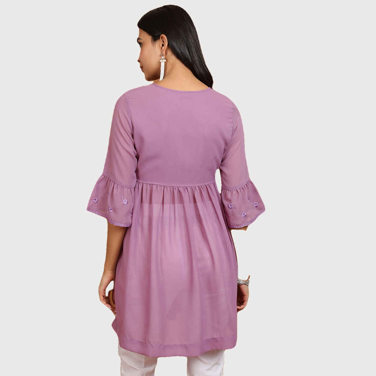 Ketch Women's Ethnic Motifs Embroidered V-Neck Bell Sleeve Pleated A-Line Kurti | Mauve | L