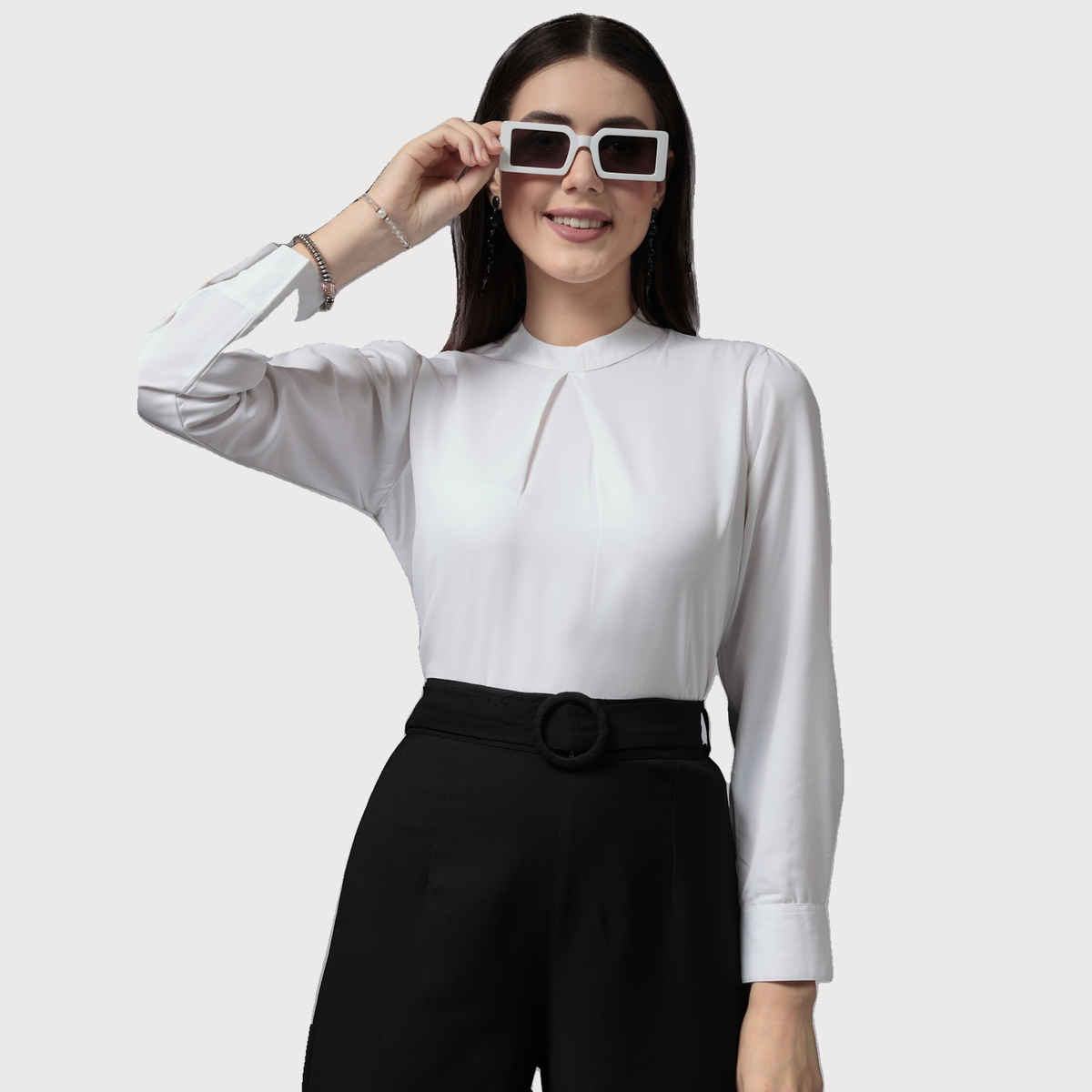 Style Quotient Women White Opaque Band Collar Full Sleeves Top | XL | AW23SQLIVIA - White