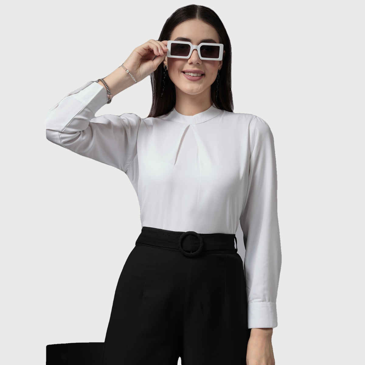Style Quotient Women White Opaque Band Collar Full Sleeves Top | M | AW23SQLIVIA - White
