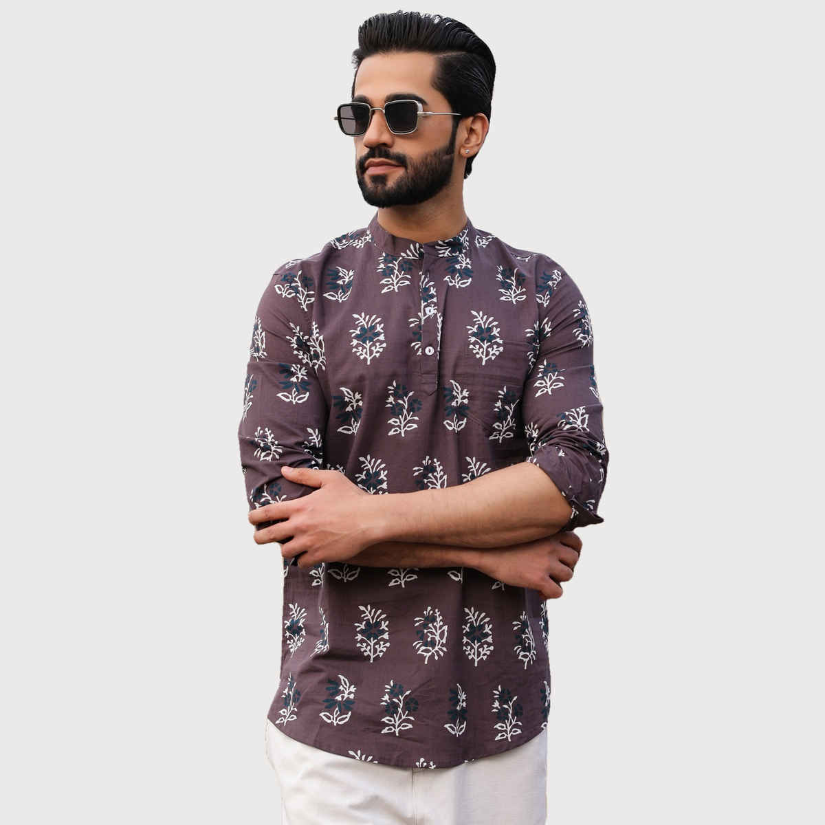 Sanskrutihomes Mandarin Collar Floral Printed Summer Sheers Cotton Short Kurta for Men | Grey | XL