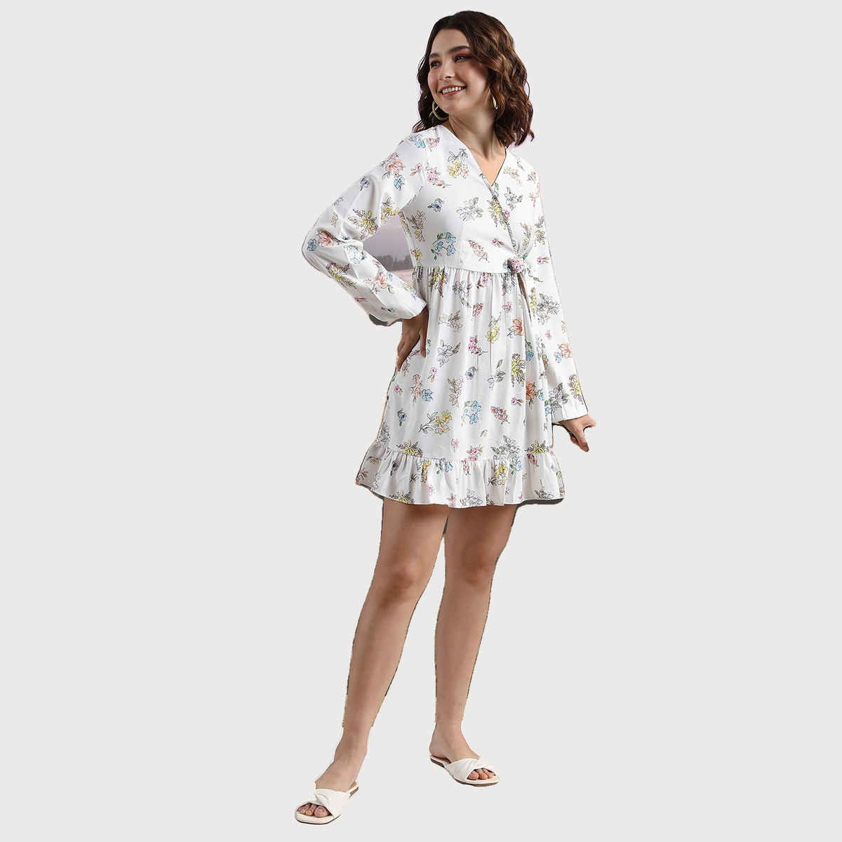 Ketch Women's Floral Printed Cuffed Sleeve Ruffled Wrap Dress | Off White | L