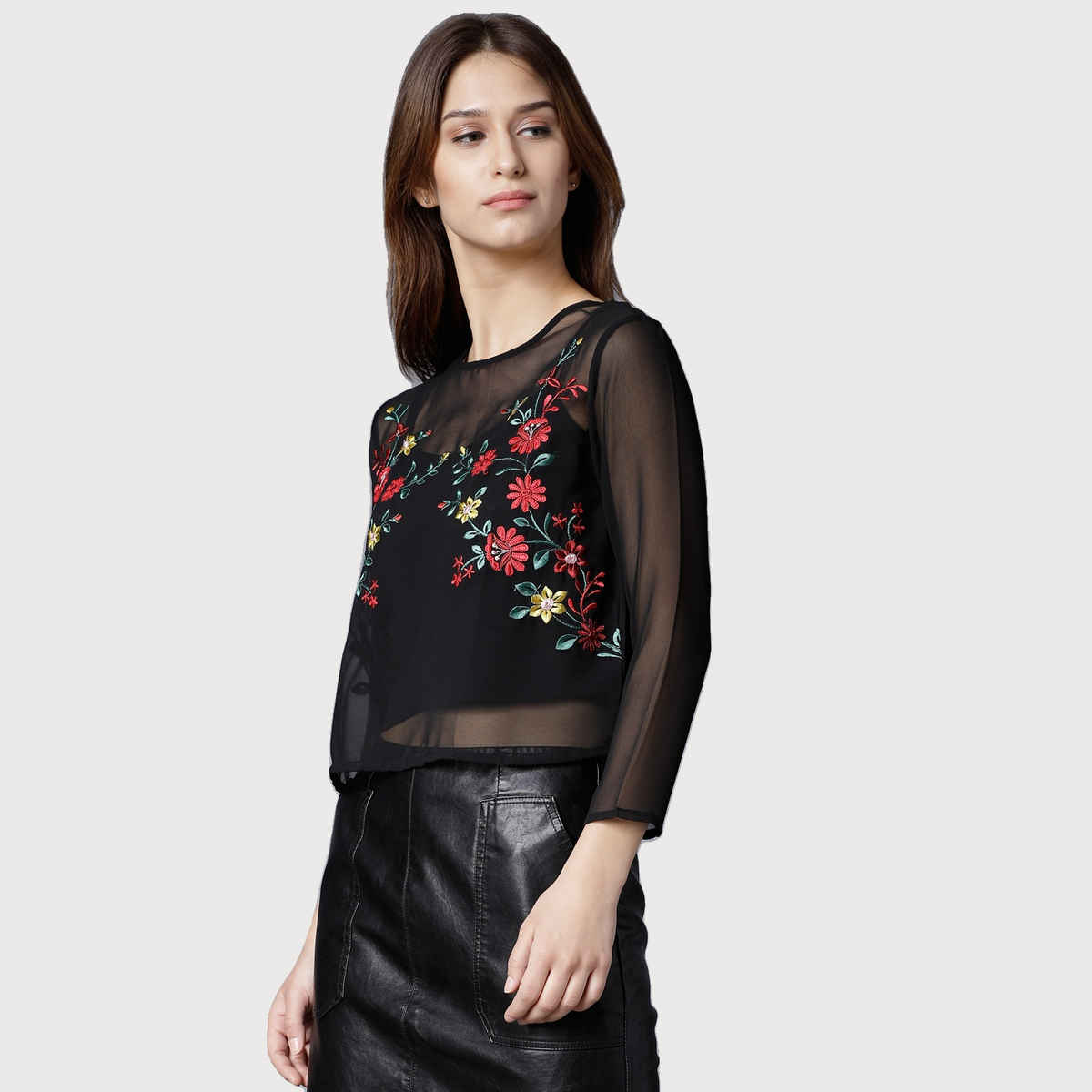 Tokyo Talkies Women's Casual Full Sleeve Embroidered Top | Black - S