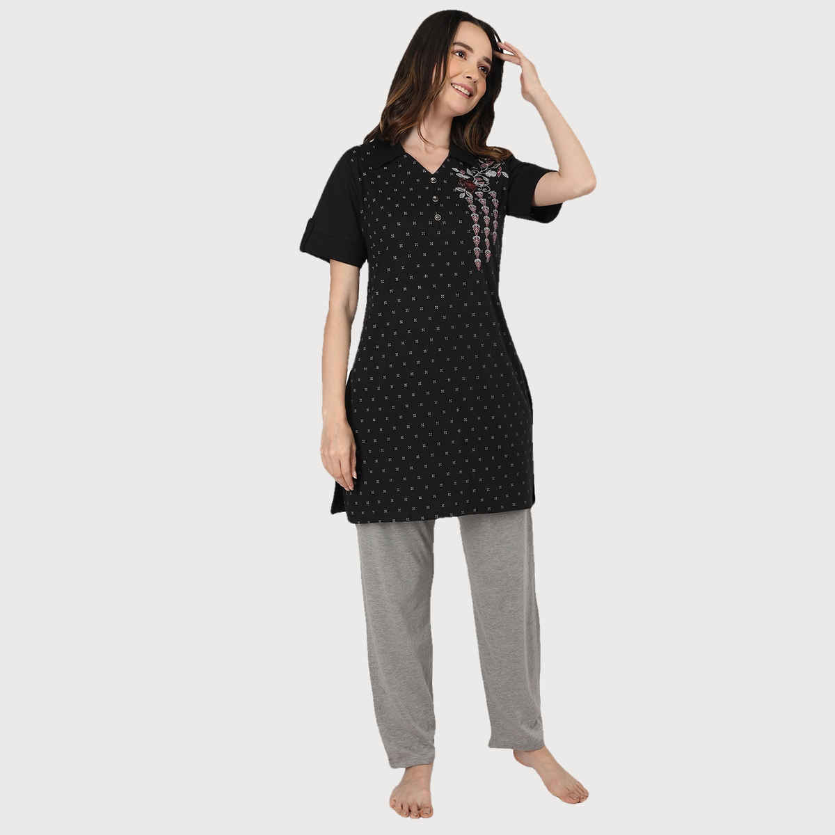 Duchess Women s Cotton Regular Fit Printed-Embroided Long Night Suit Set | Black | 3XL