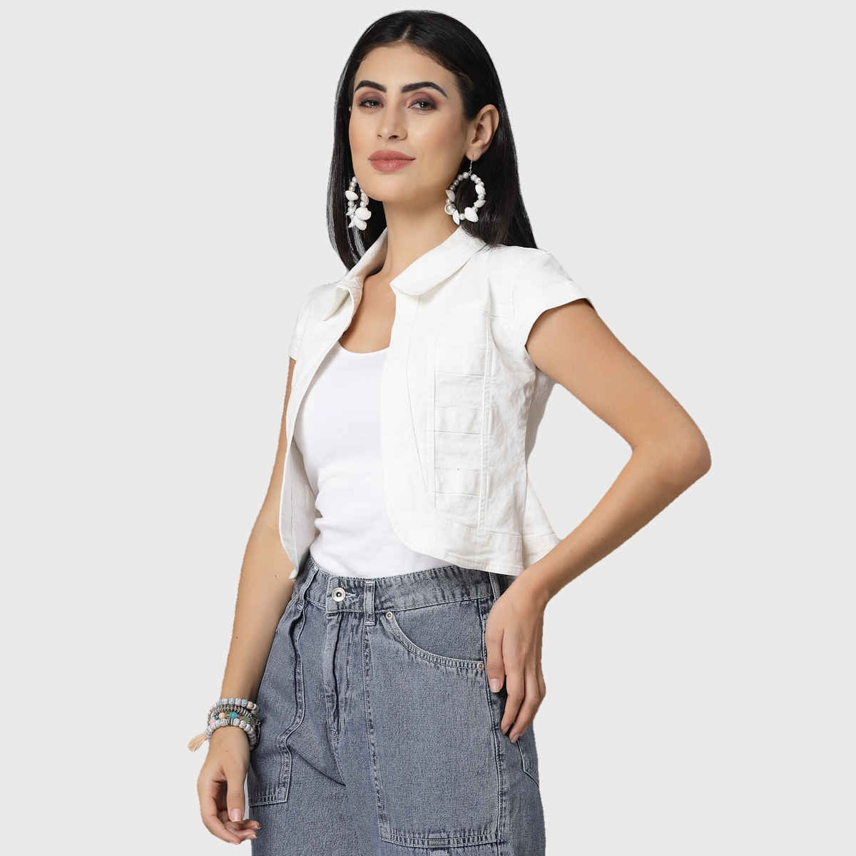 Style Quotient Women Denim Open Front Regular Shrug | L | SS23SQBUBBLY - Off-White