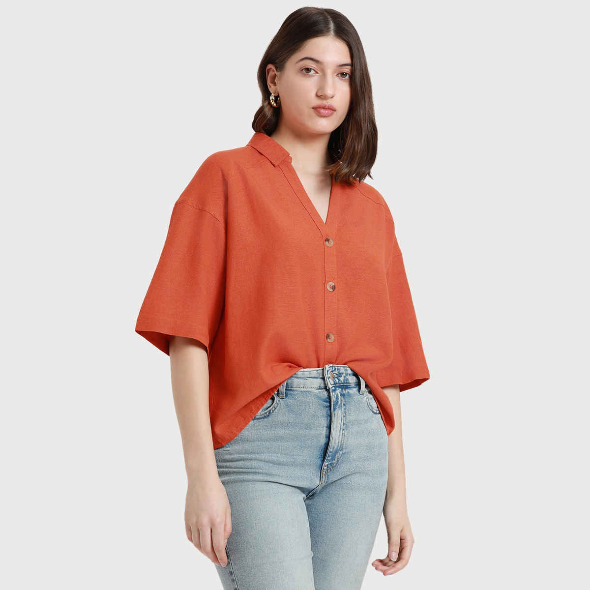 DL Women's Drop Shoulder Casual Oversized Shirt | DLWSHW23005 | Orange - S