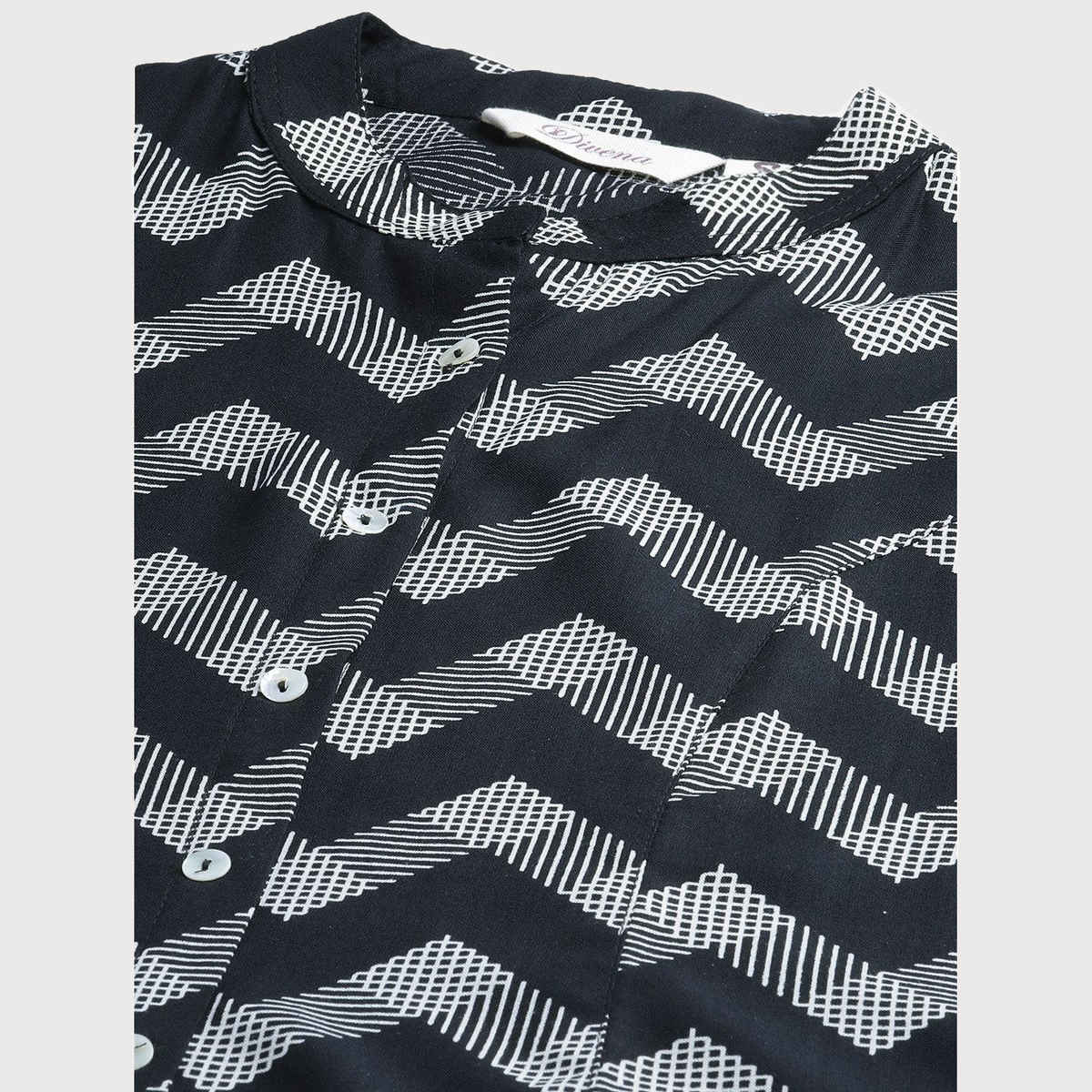 Divena Rayon Zigzag Print Women's Shirt Style Top | DBK0373 | Black - S