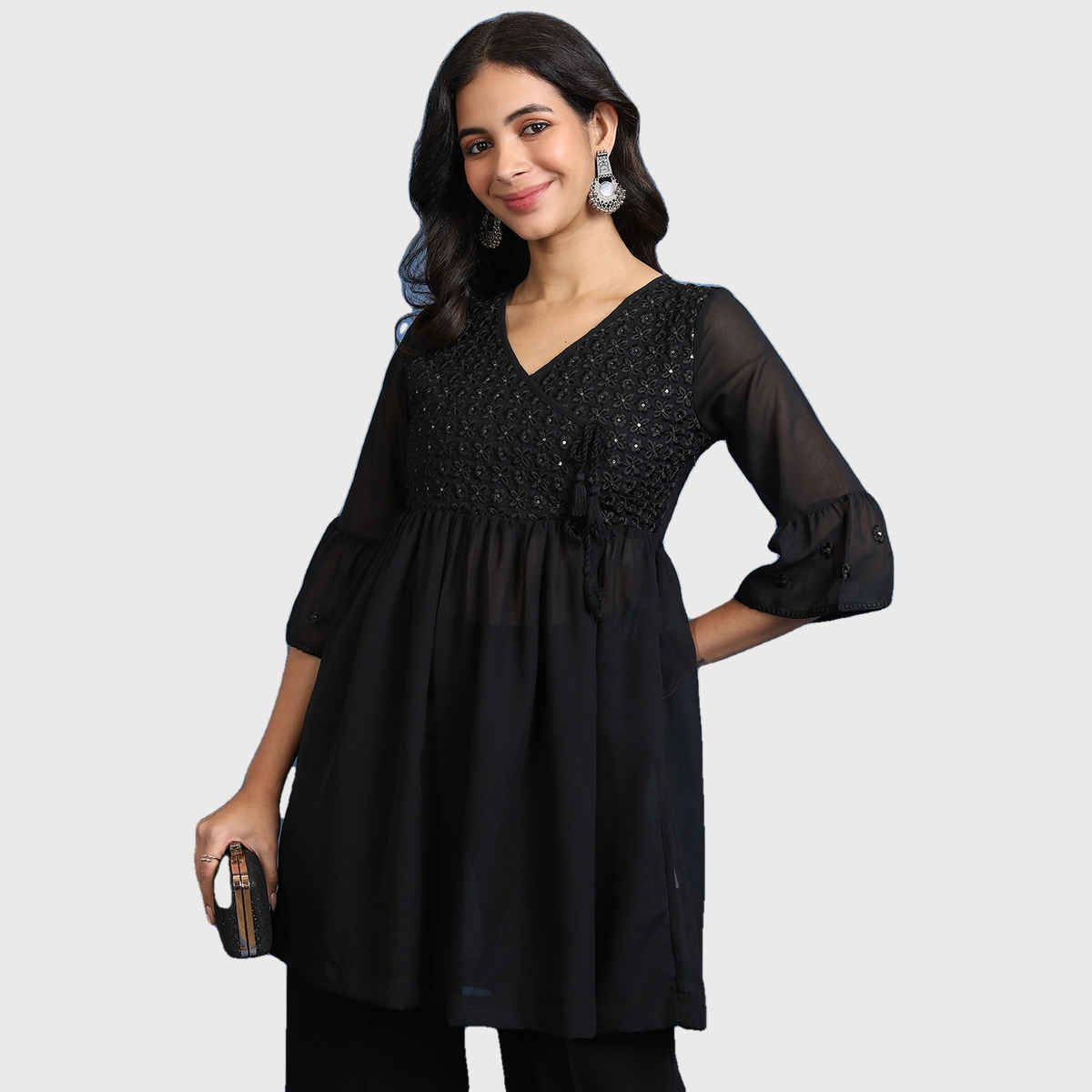 Ketch Women's Floral Embroidered Sequinned A-Line Angrakha Kurti | Black | L