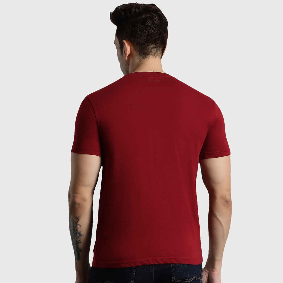 hummel Men's Cam Round Neck Solid Regular Fit Cotton Poly T-shirt | Maroon - L