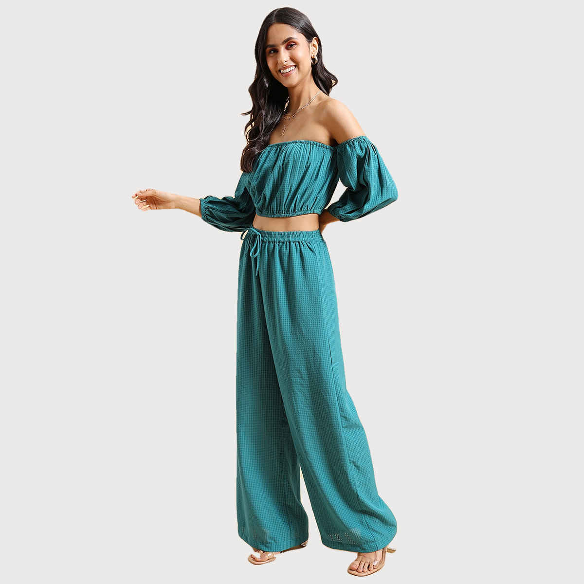 Ketch Women Checked Off Shoulder Crop Top Wide Leg Palazzo Co-ords | Green | XL