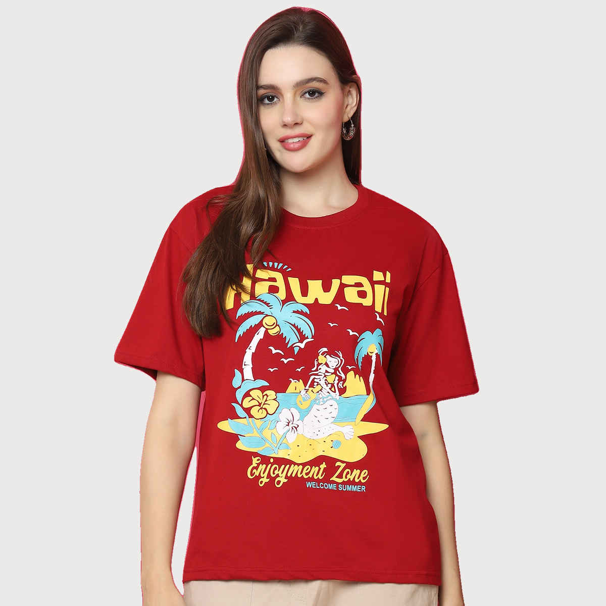 Fabflee Women Oversize Cotton Printed Round Neck Tshirt | Red | FAB-OS-528 | L