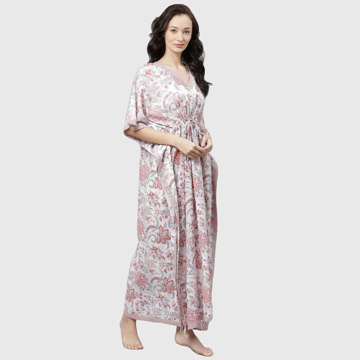 Divena White And Pink Floral Print Women's Kaftan DK0586 | S