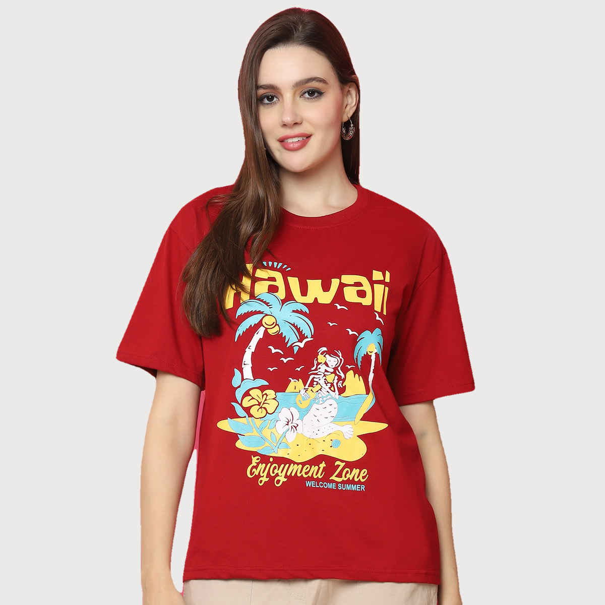 Fabflee Women Oversize Cotton Printed Round Neck Tshirt | Red | FAB-OS-528 | S