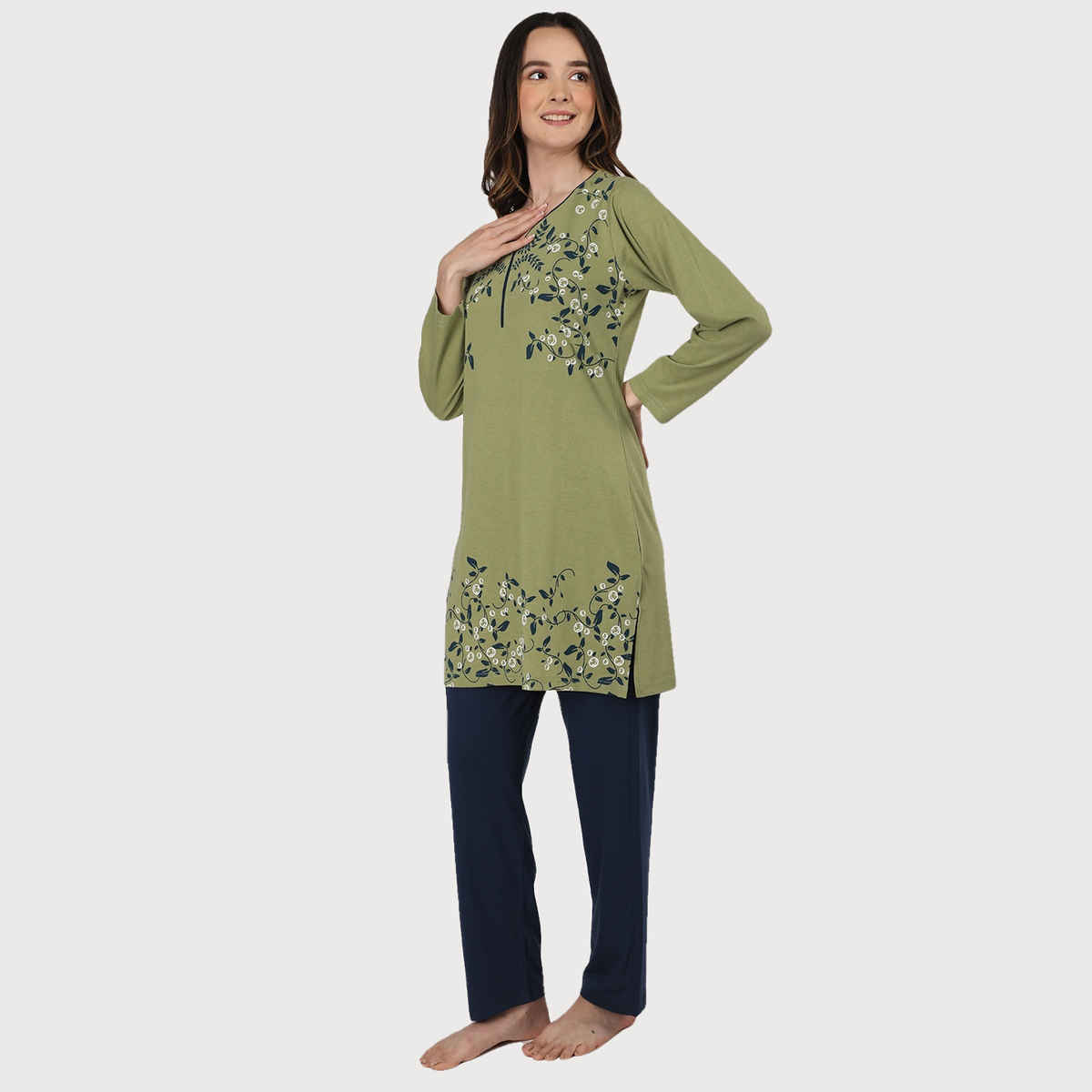 Duchess Women s Cotton Regular Fit Printed & Embroided Long Length Night Suit Set | Sage Green - L
