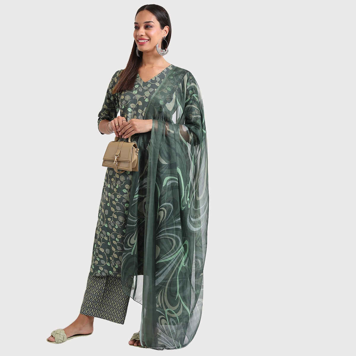 Ketch Women's Ethnic Motifs Printed Kurta With Trousers & Dupatta | Green | M