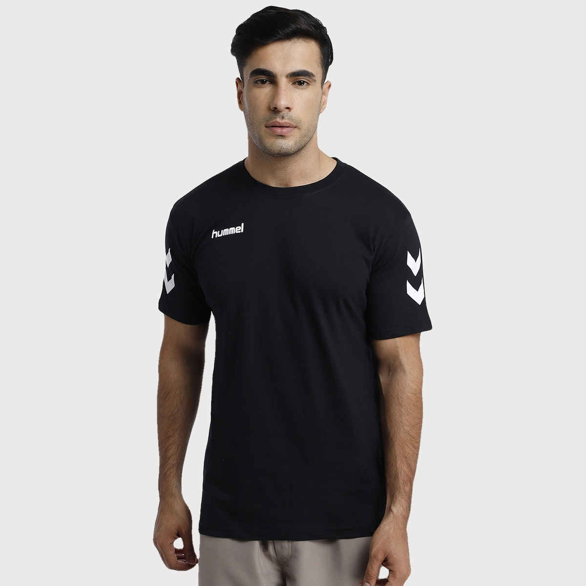 hummel Men's Go Round Neck Solid Regular Fit Cotton Poly T-shirt | Black - L