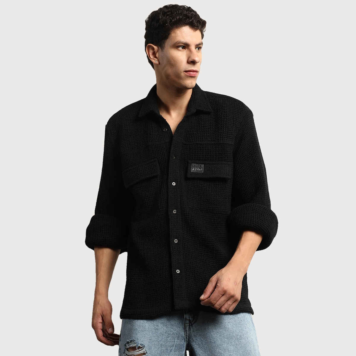 Hubberholme Men's Oversized Cotton Casual Waffel Double Pocket Full Sleeve Shirt | Black - 38