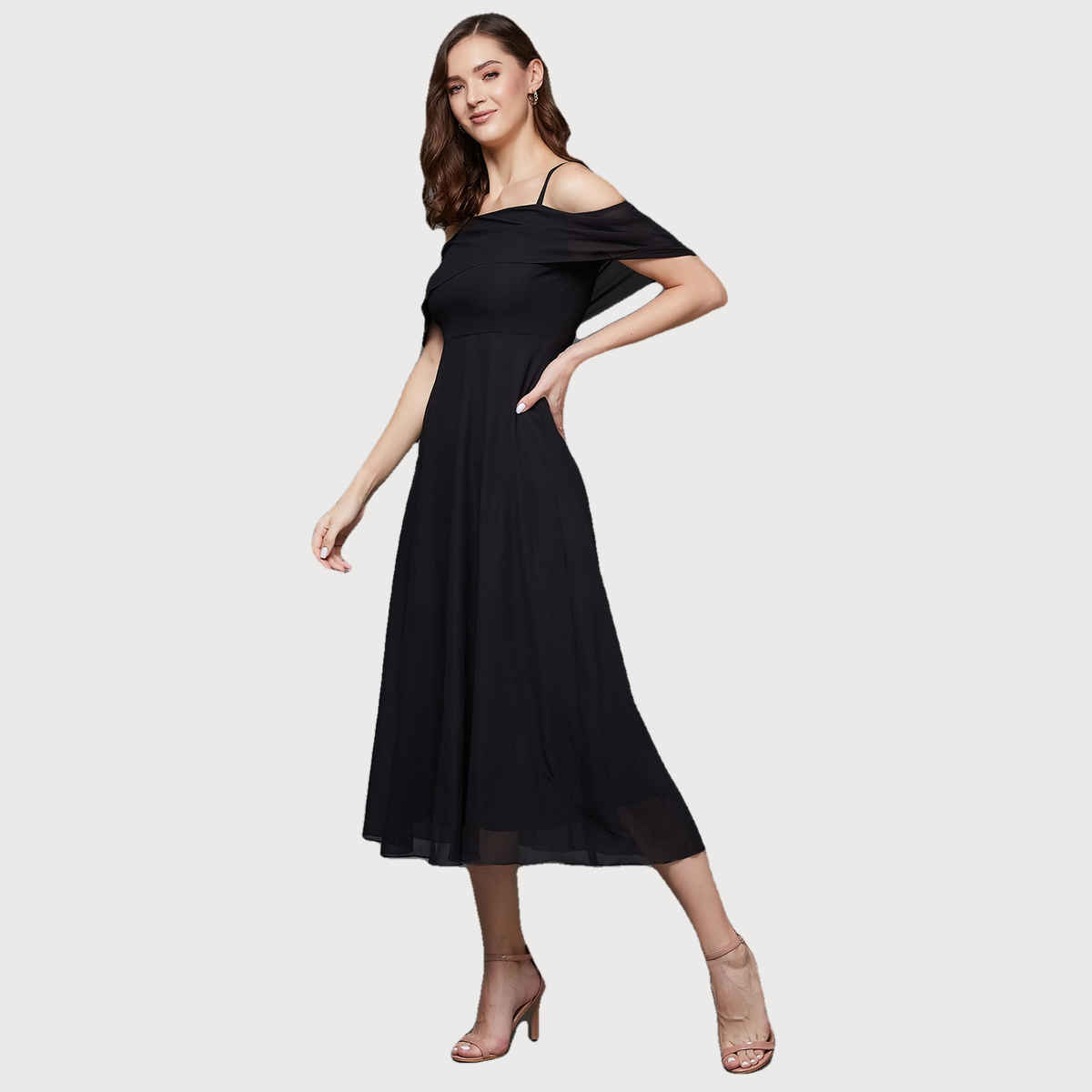 Miss Chase Women Bardot Style Sleeveless Spaghetti Strap Off Shoulder Midi Skater Dress | Black | S