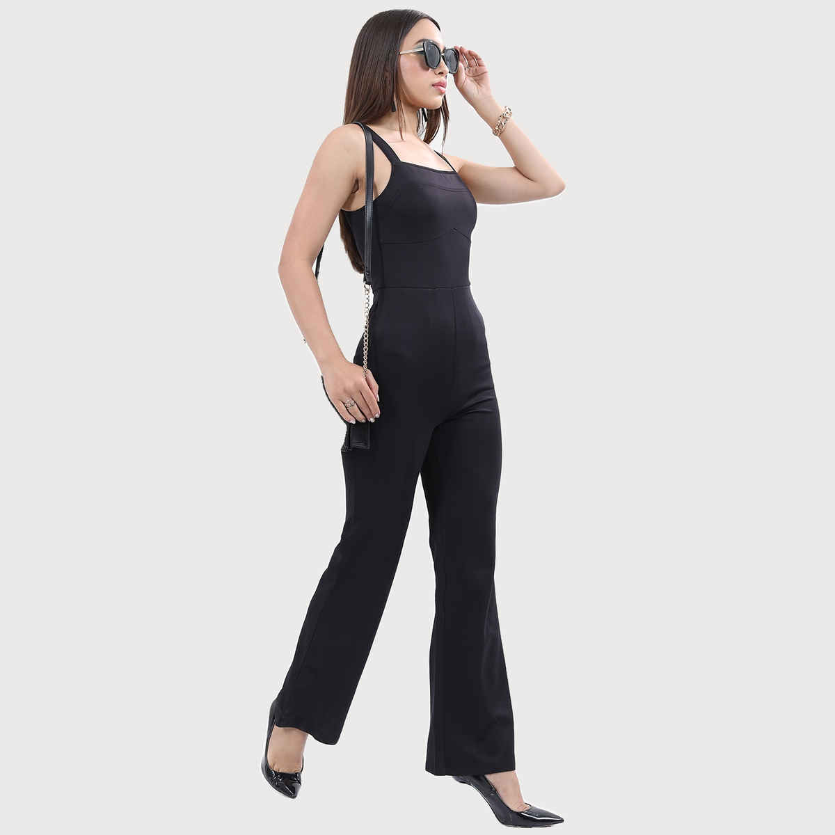 Ketch Women's Shoulder Straps Flared Leg Jumpsuit | Black - M