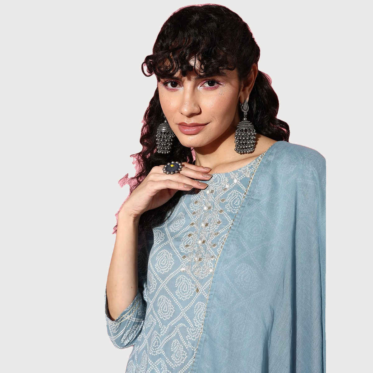 Ishin Women Embroidered Anarkali Kurta | INWKTS039 | Cotton Sky Blue - S