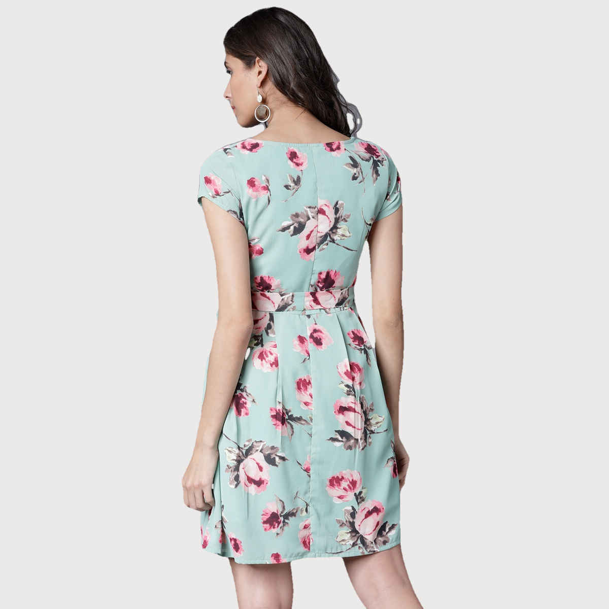 Tokyo Talkies Women's Digital Printed Georgette Fit And Flare Dress | Green - M