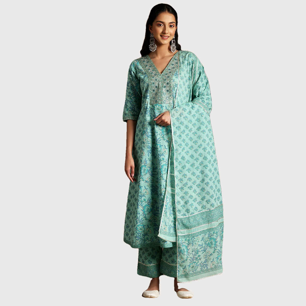 Libas Women's Turquoise Printed Cotton A-Line Kurta With Palazzos & Dupatta | S