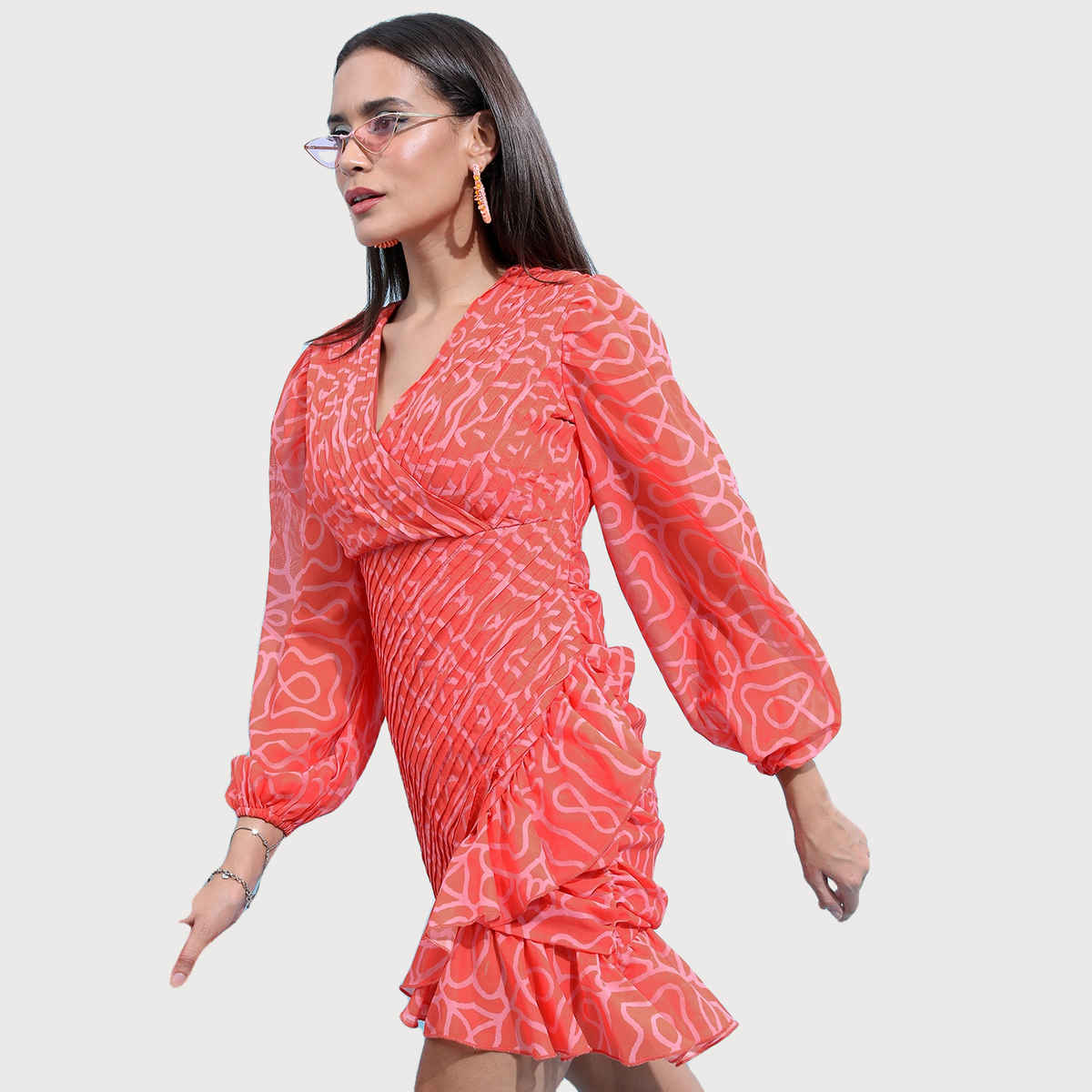 Ketch Women Red Abstract Printed Puff Sleeve Gathered Or Pleated Wrap Dress | Red | M