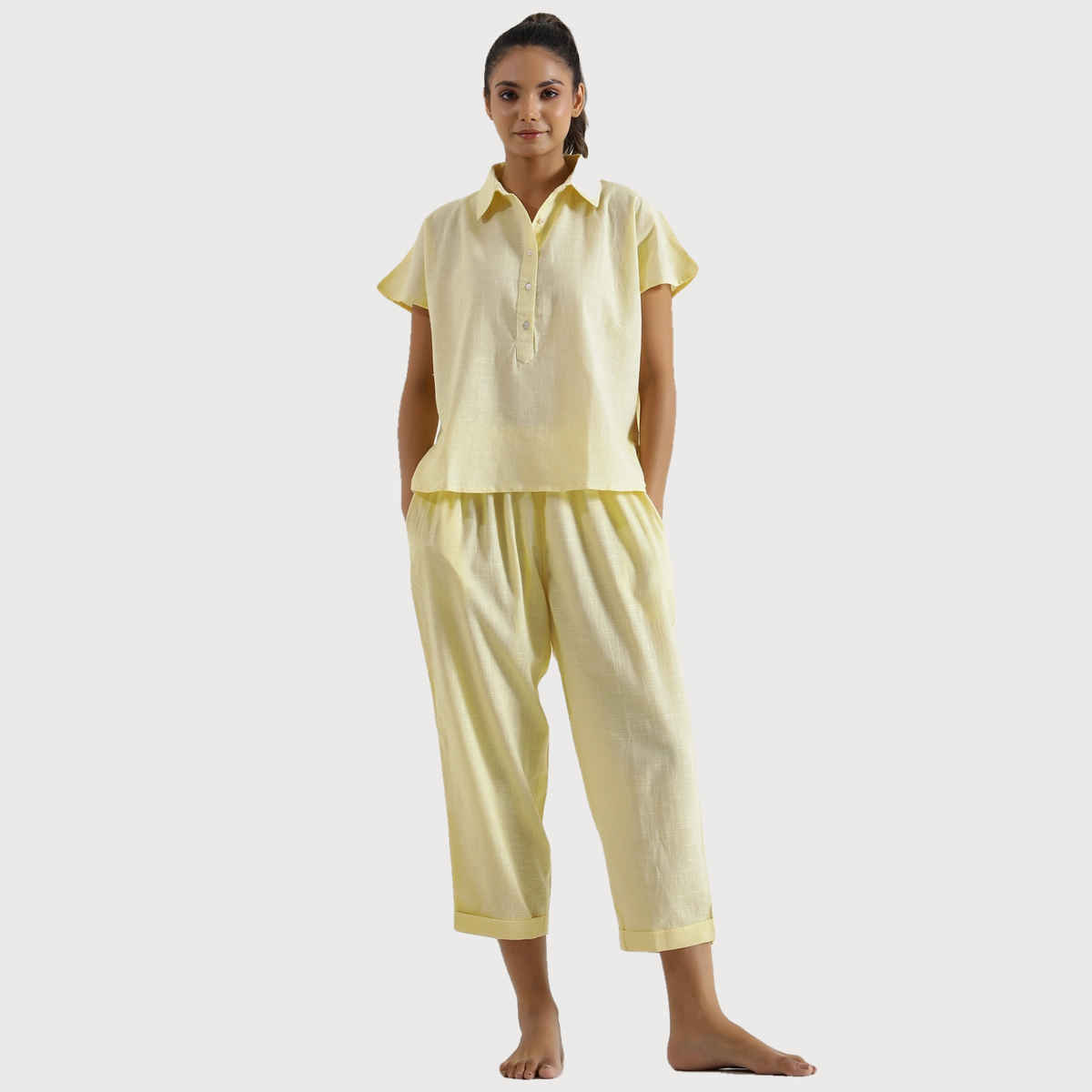 Sanskrutihomes Pure Cotton Shirt Collar Night Suit | Yellow | S