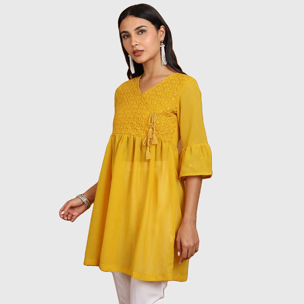 Ketch Women's Ethnic Motifs Embroidered V-Neck Bell Sleeve Pleated A-Line Kurti | Mustard | L