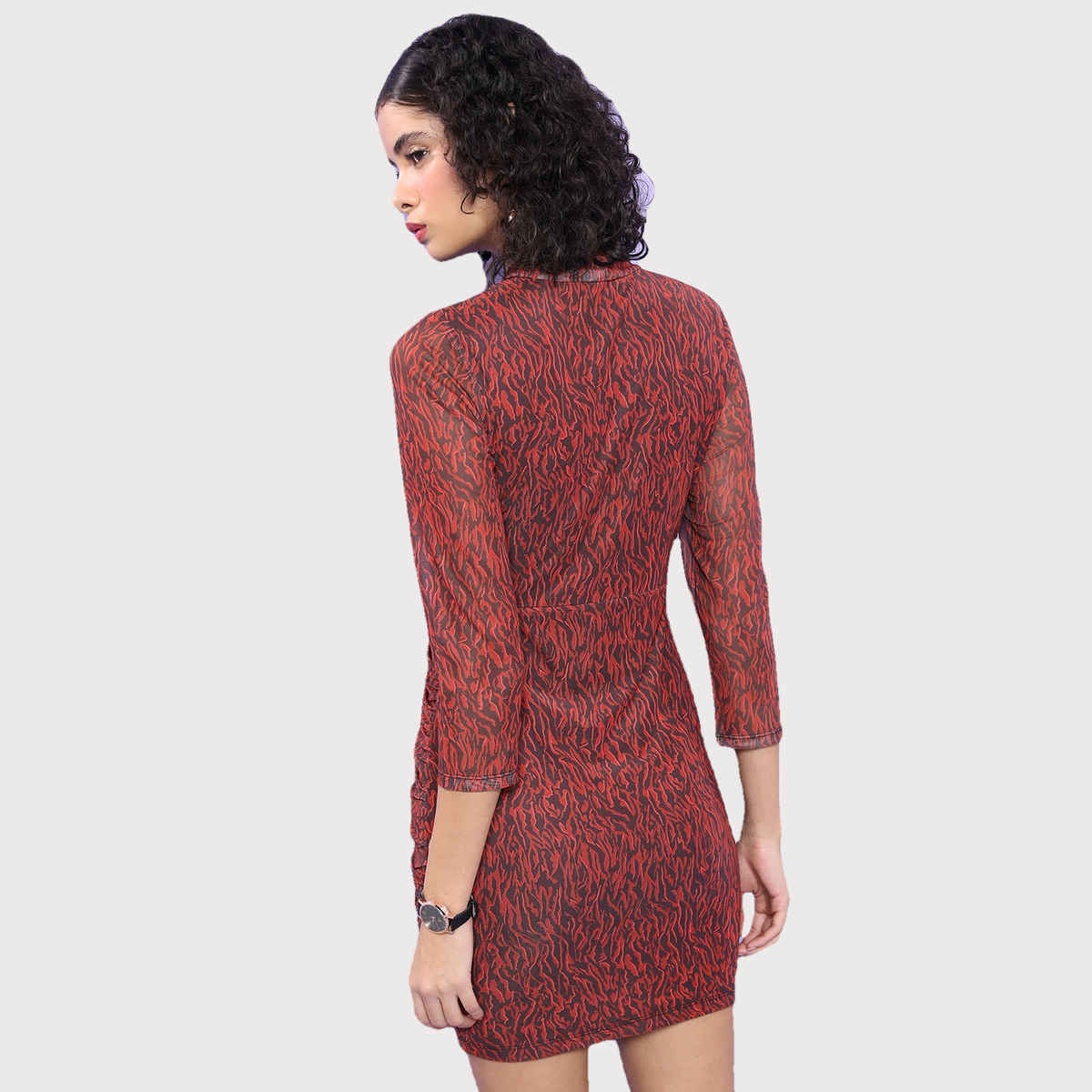 Ketch Women's Animal Printed High Neck Gathered Ruched Bodycon Mini Dress | Brown - S