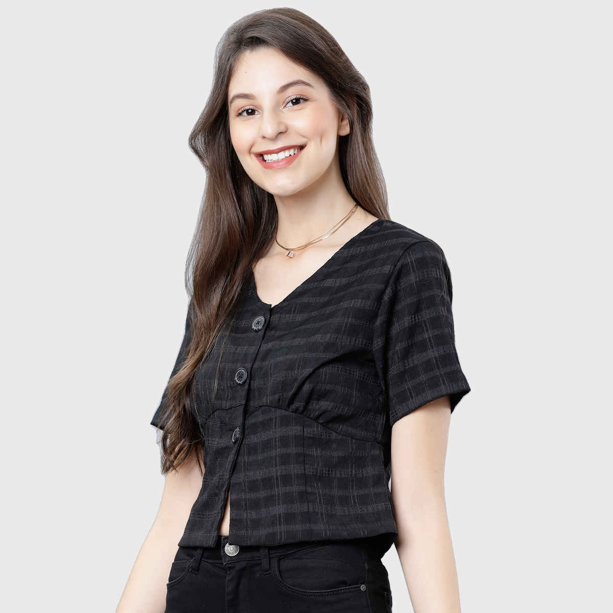 Tokyo Talkies Women's Checked Crop Empire Top | Black - S