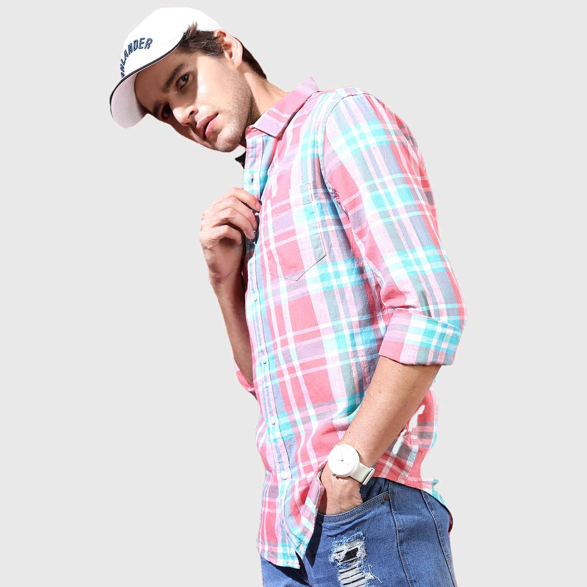 Highlander Men's Slim Fit Checked Casual Shirt - Coral and White | XL