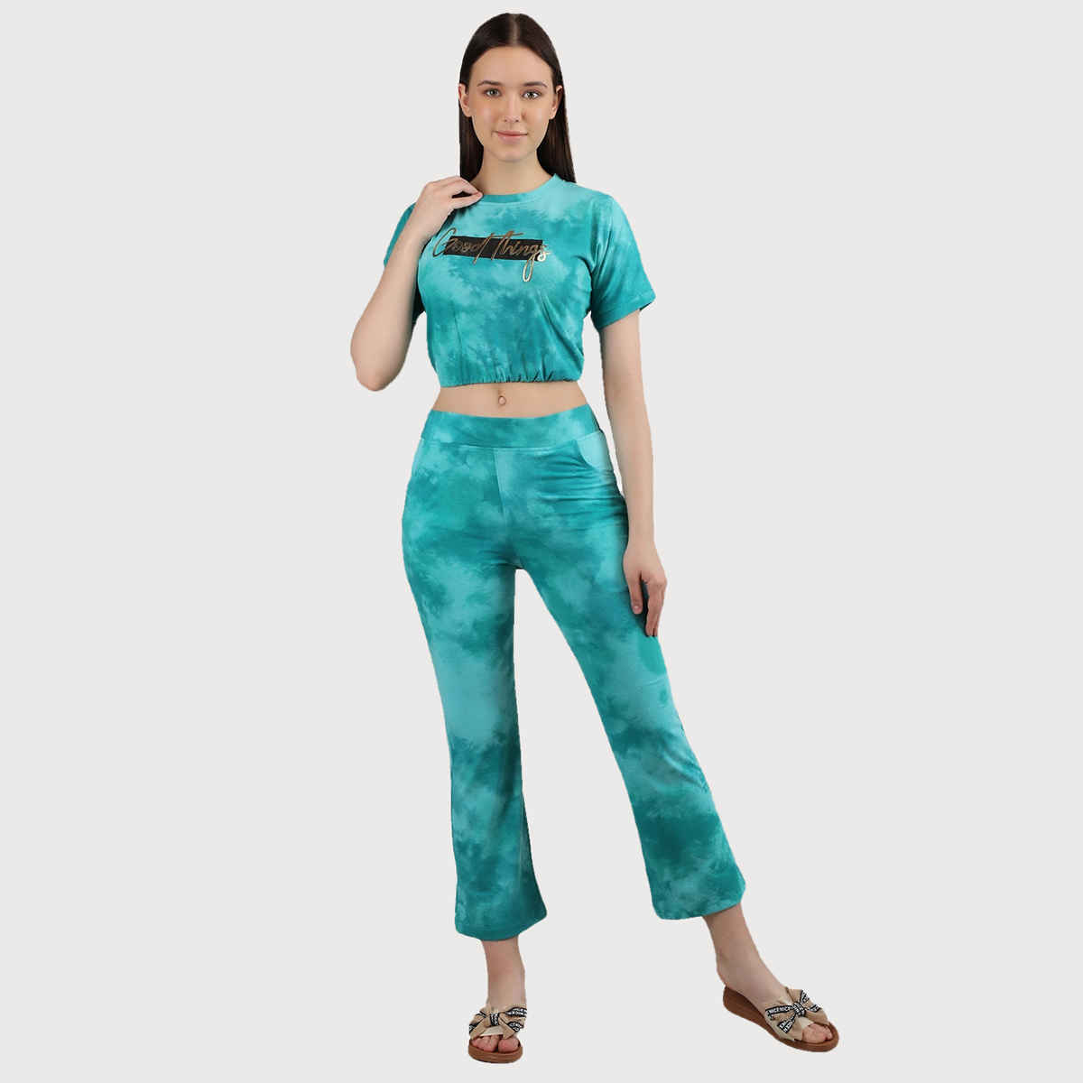 Duchess Women's Cotton Round Neck Printed top & Pyjama Co-ord Set | Light Cream Green - XL