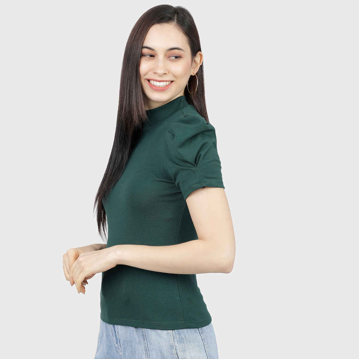 Tokyo Talkies Women's Puff Sleeve High Neck Fitted Top | Green - L