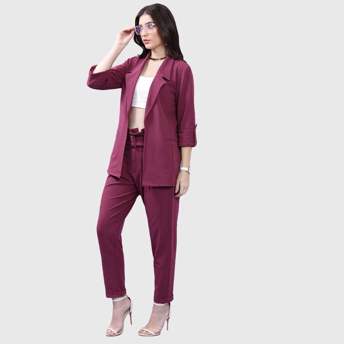 Ketch Women Notched Lapel Collar Blazer With Trouser Co-ords | Purple | L