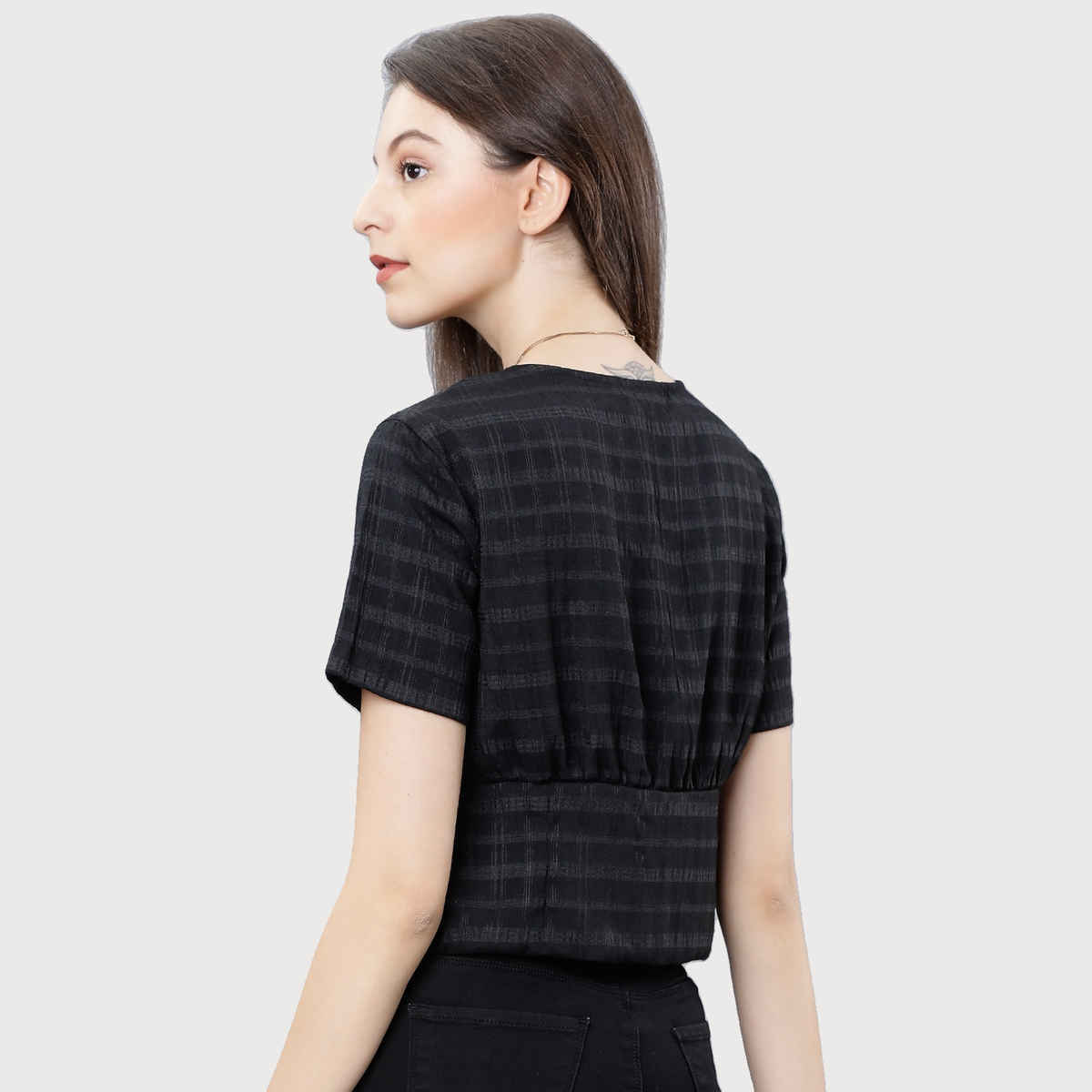 Tokyo Talkies Women's Checked Crop Empire Top | Black - S