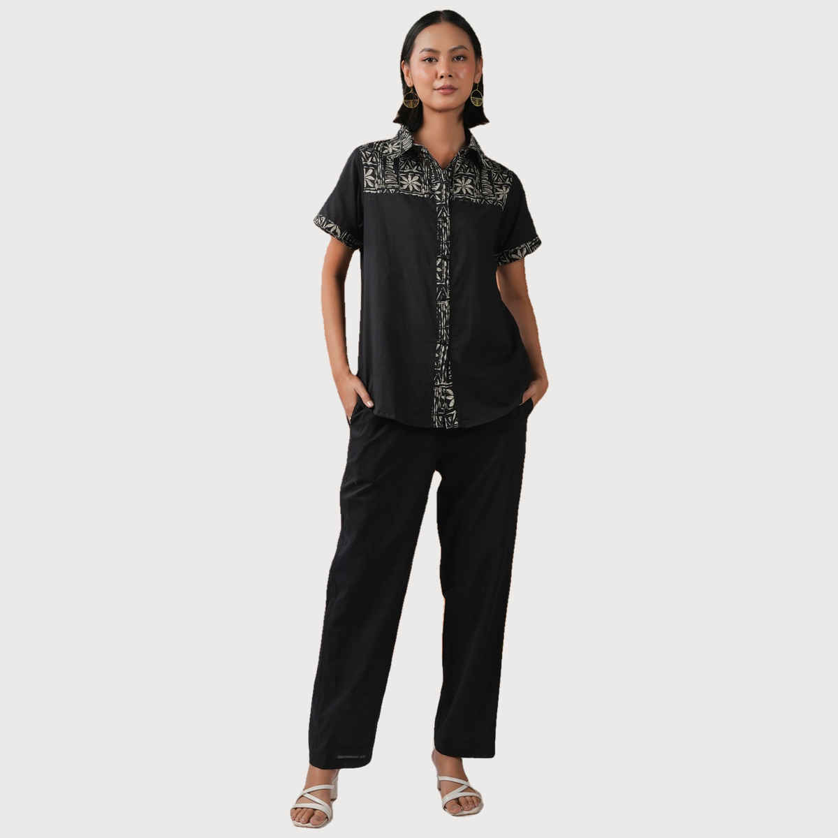 Sanskrutihomes Printed Shirt Collar Shirt With Trousers Co-Ords Set for Women s | Black | XL