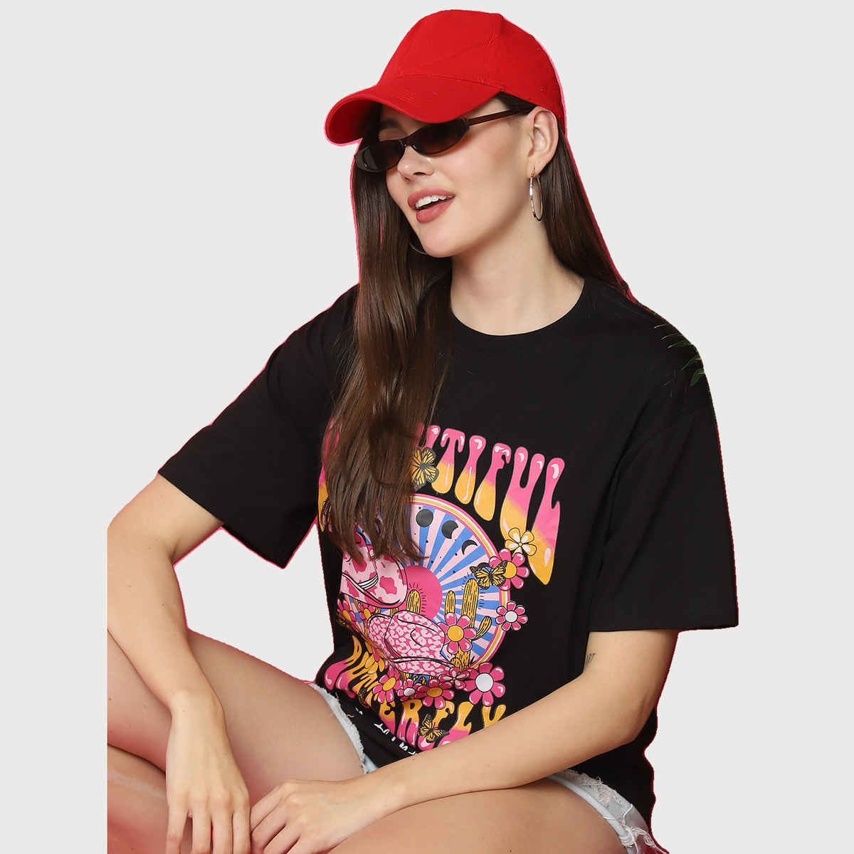 Fabflee Women Oversize Cotton Printed Round Neck Tshirt | Black | FAB-OS-519 | S