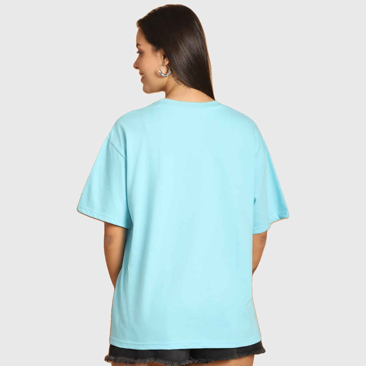 Fabflee Women Oversize Cotton Printed Round Neck Tshirt | Light Blue | FAB-OS-508 | S
