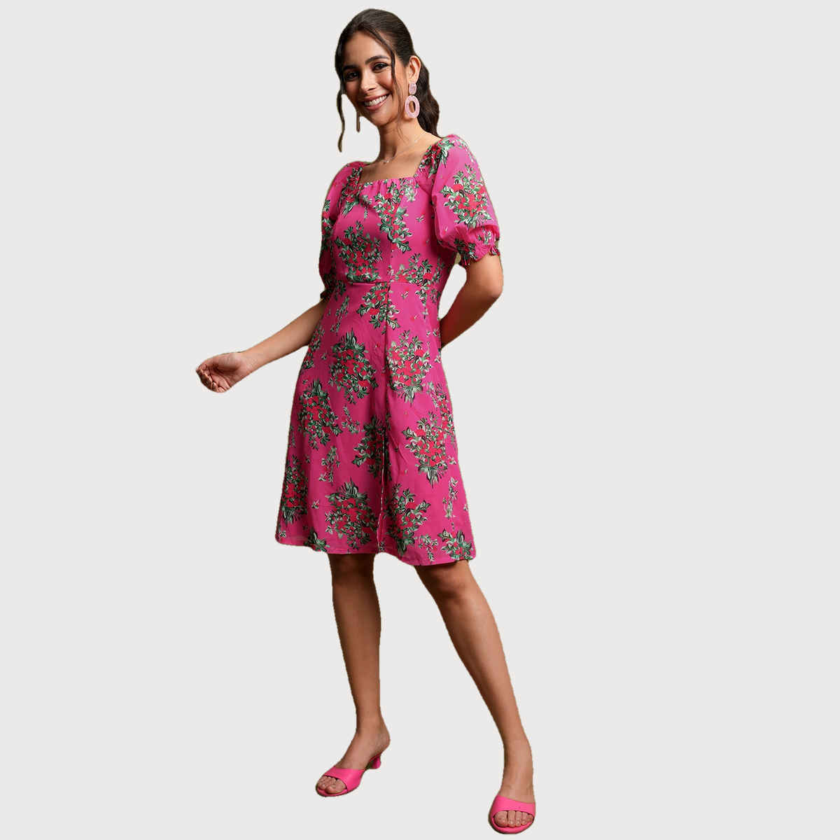 Ketch Women's Floral Printed Puff Sleeves Smocked A-Line Dress | Multicolor - S