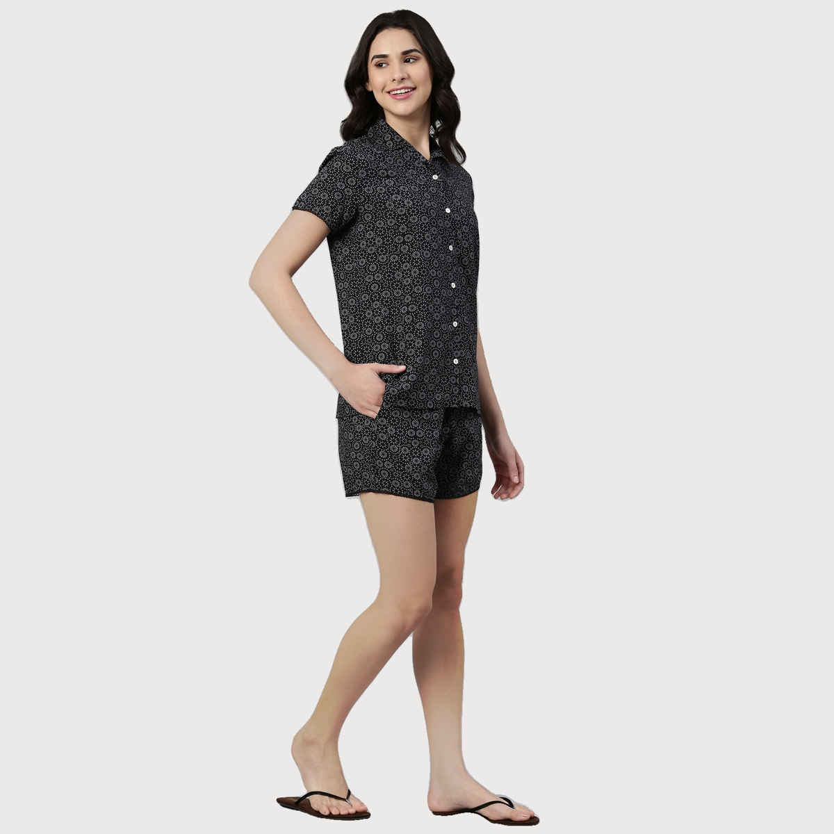 Enamor Essentials EC13 Women s Modal Woven Printed Shirt And Shorts Set | Black | L