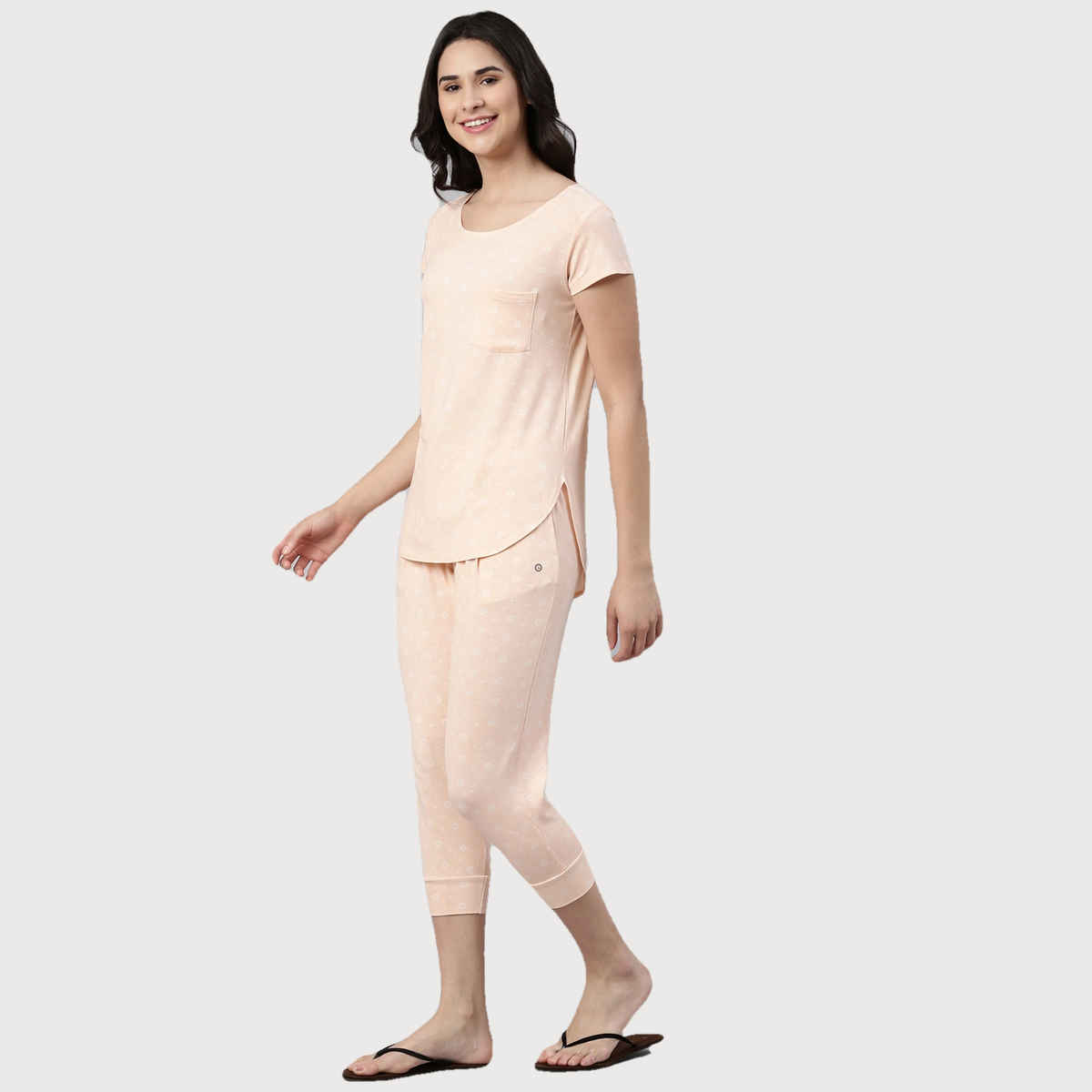 Enamor Essentials EC16 Women s Aop-Soft & Drapey All Over Printed Lounge Capri Set | Pink | S