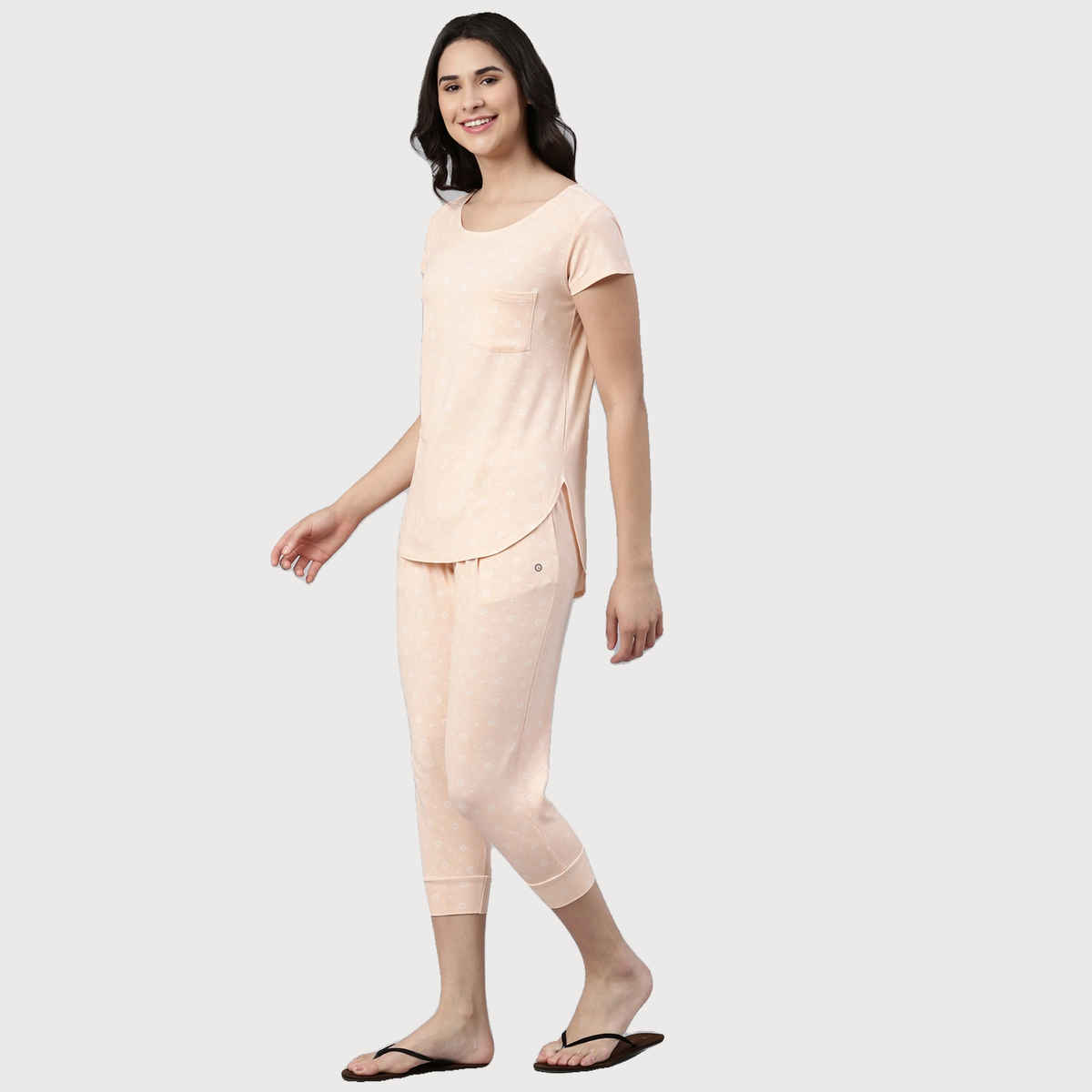 Enamor Essentials EC16 Women s Aop-Soft & Drapey All Over Printed Lounge Capri Set | Pink | M